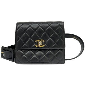 CHANEL Matelasse Coco Mark Waist Bag Black Leather Lambskin Belt Body